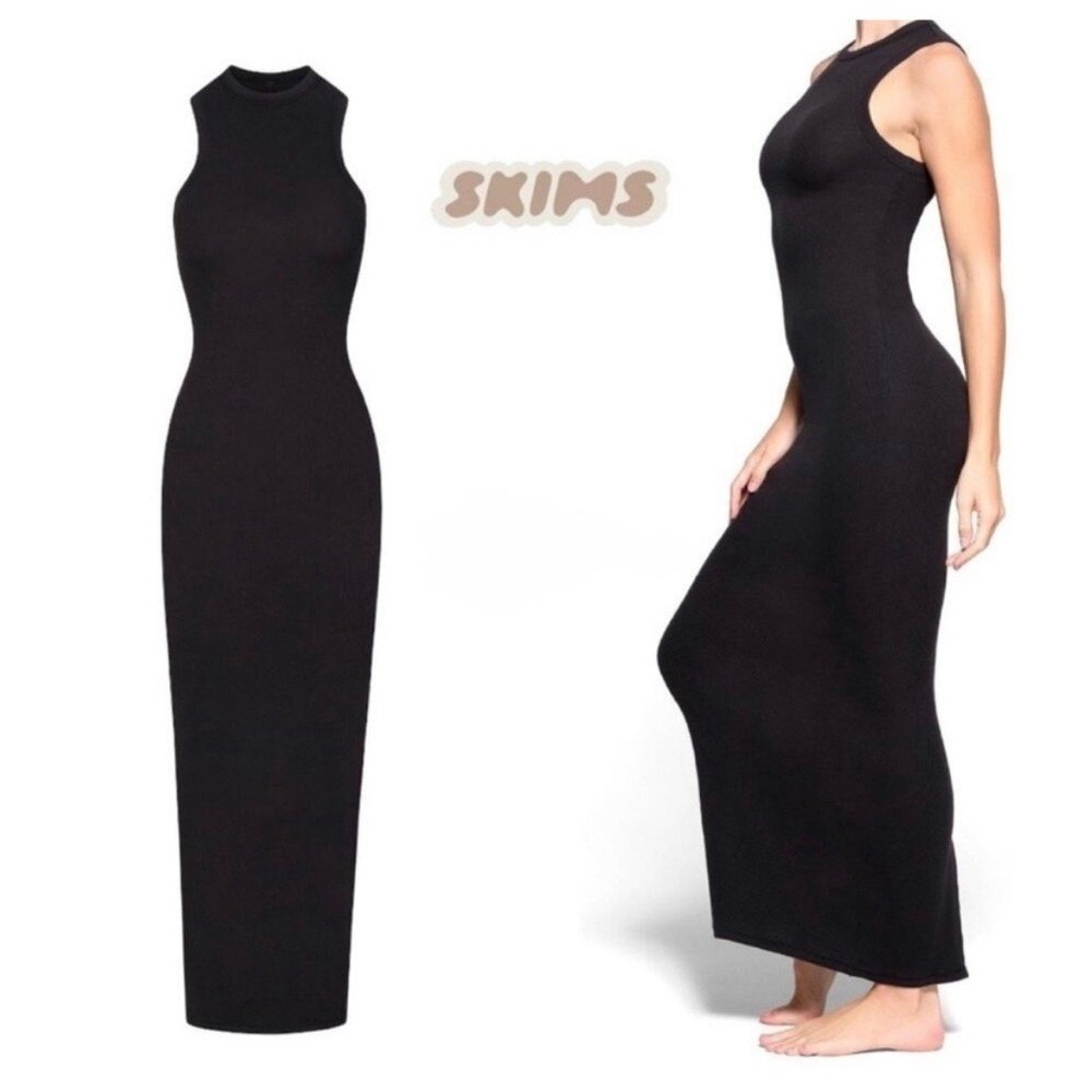 SKIMS Cotton Rib Maxi Dress Soot Black Bodycon Sleeveless Womens S